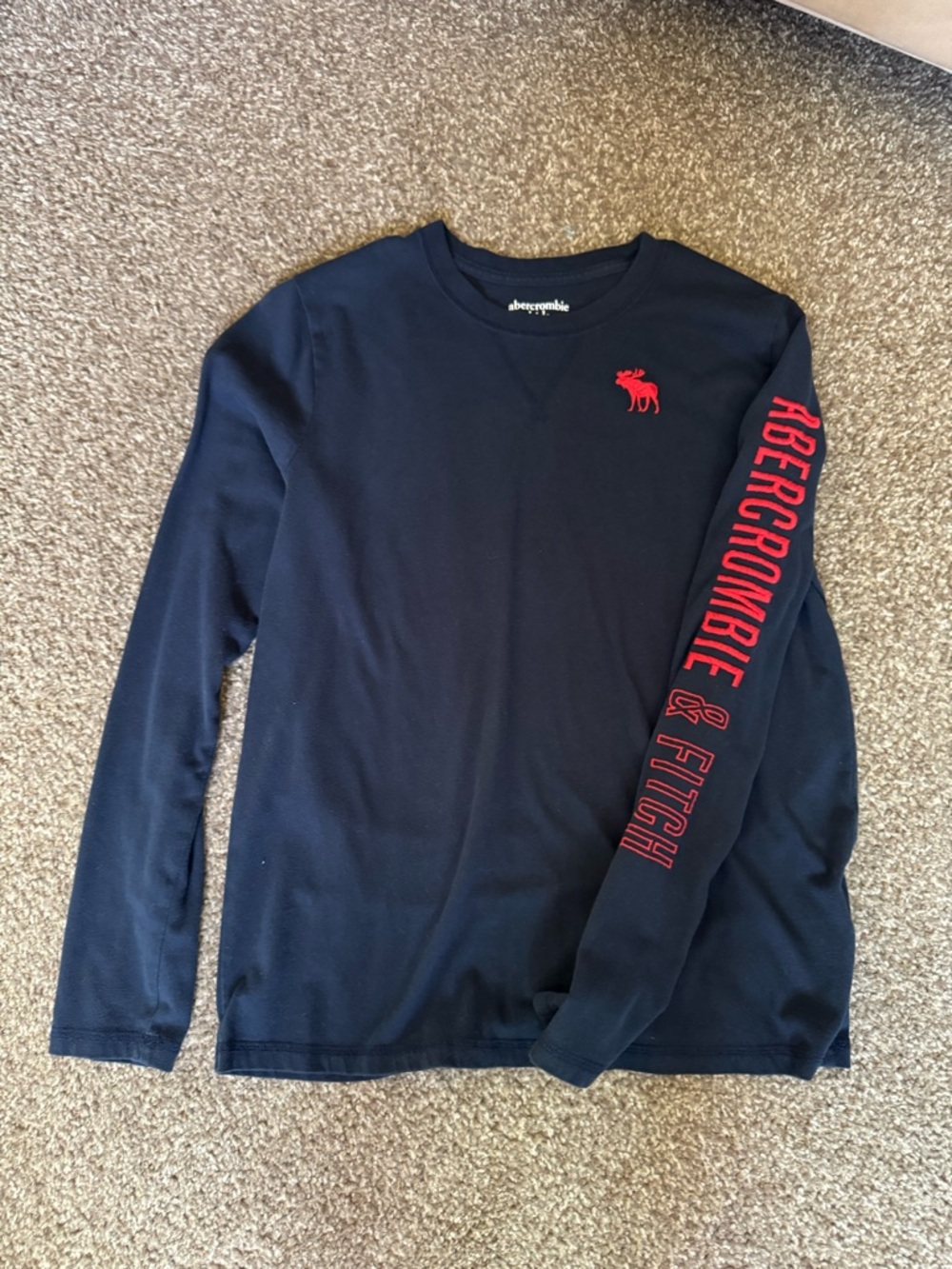 Abercrombie & Fitch Navy Long-Sleeve Tee with Red Logo and Sleeve Text